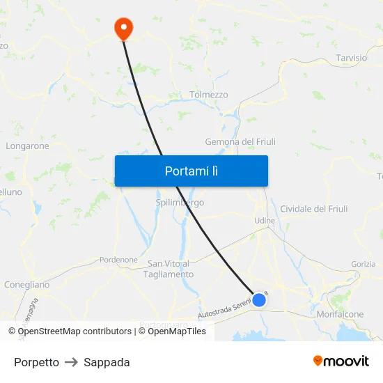 Porpetto to Sappada map