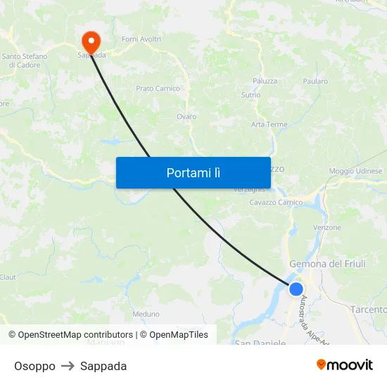Osoppo to Sappada map