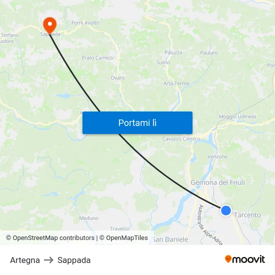 Artegna to Sappada map
