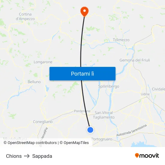 Chions to Sappada map