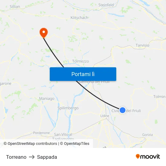 Torreano to Sappada map