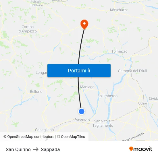 San Quirino to Sappada map