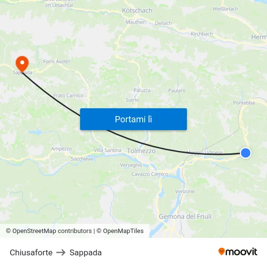 Chiusaforte to Sappada map