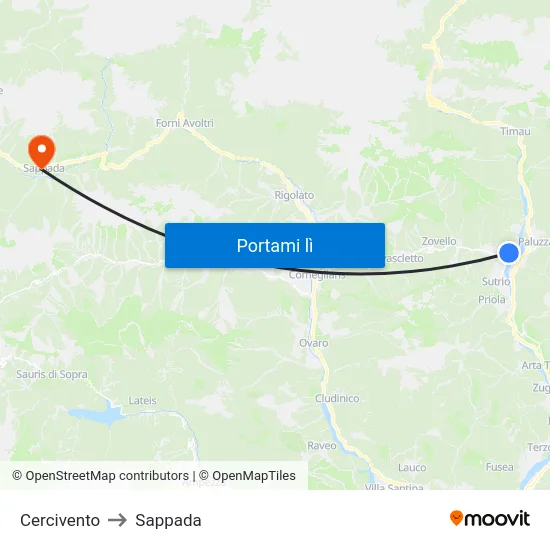 Cercivento to Sappada map