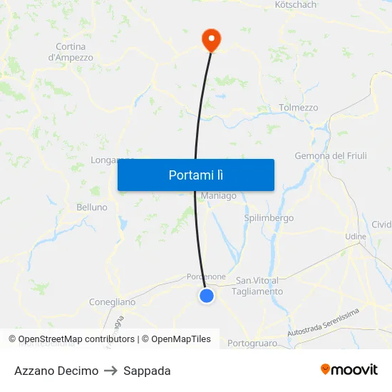 Azzano Decimo to Sappada map