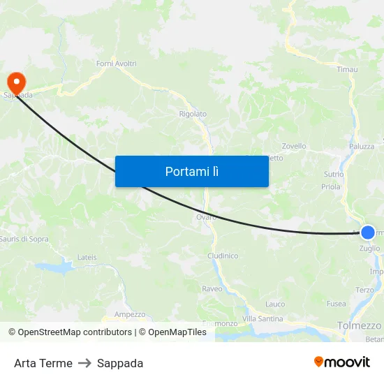 Arta Terme to Sappada map