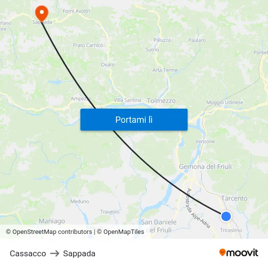 Cassacco to Sappada map