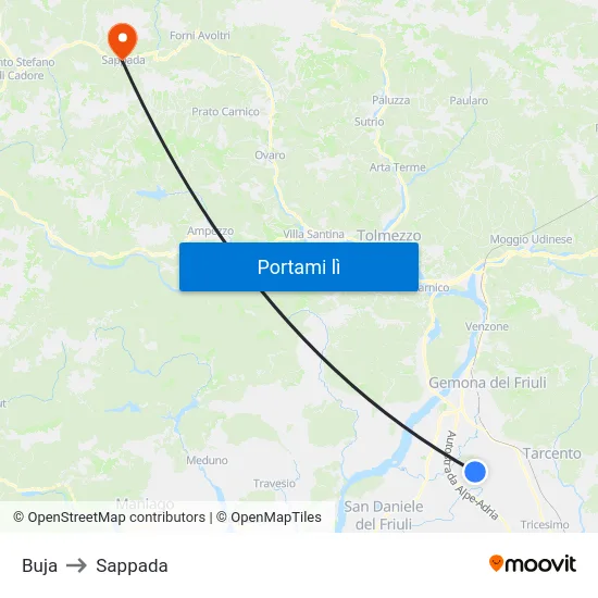 Buja to Sappada map