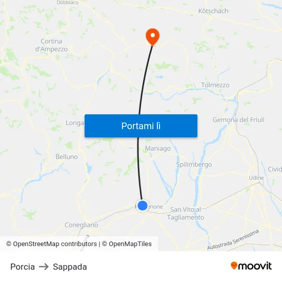 Porcia to Sappada map