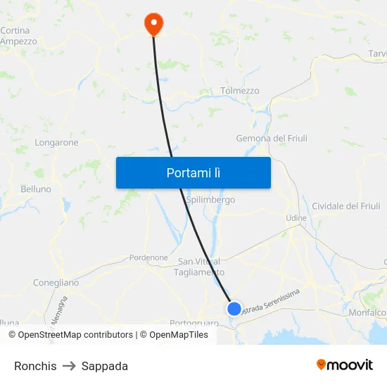 Ronchis to Sappada map