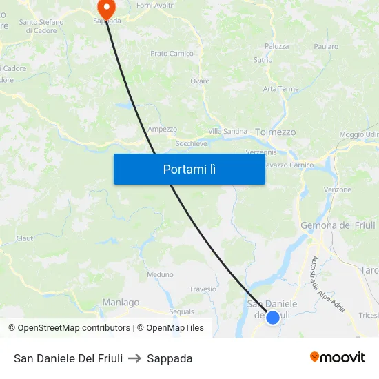 San Daniele Del Friuli to Sappada map
