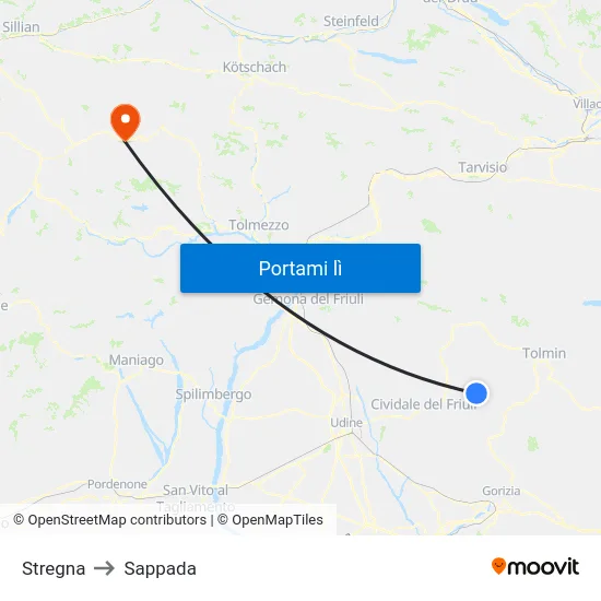 Stregna to Sappada map