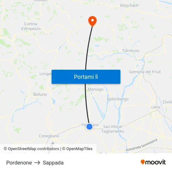 Pordenone to Sappada map