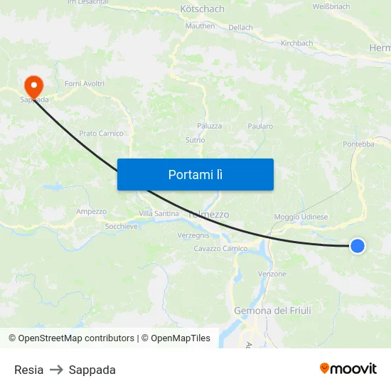 Resia to Sappada map
