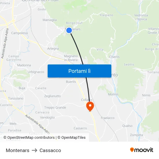 Montenars to Cassacco map