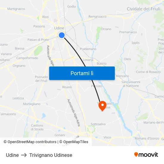 Udine to Trivignano Udinese map