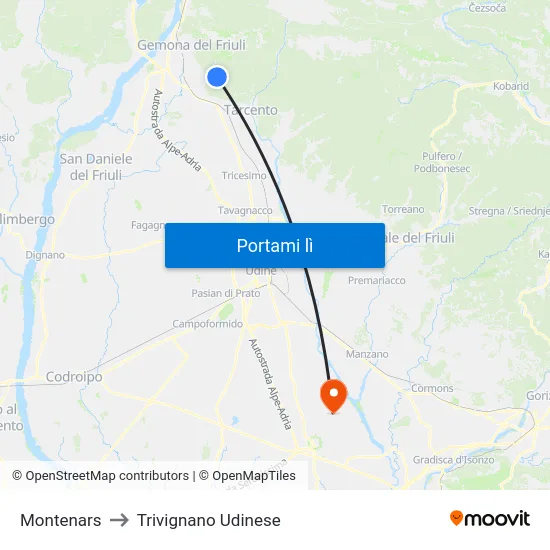 Montenars to Trivignano Udinese map
