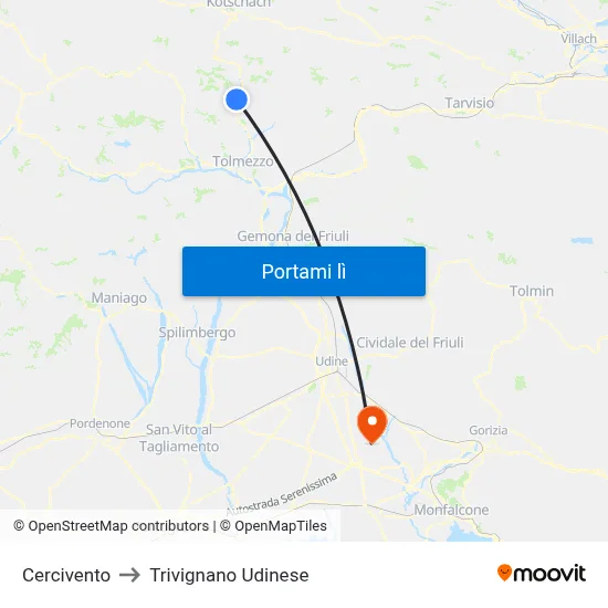 Cercivento to Trivignano Udinese map