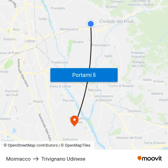 Moimacco to Trivignano Udinese map