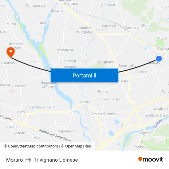 Moraro to Trivignano Udinese map