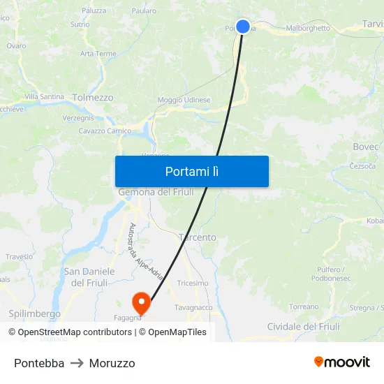 Pontebba to Moruzzo map