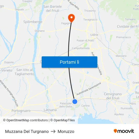 Muzzana Del Turgnano to Moruzzo map
