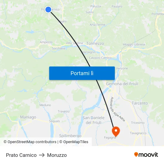 Prato Carnico to Moruzzo map