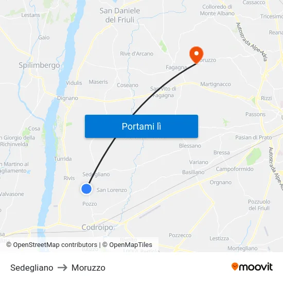 Sedegliano to Moruzzo map