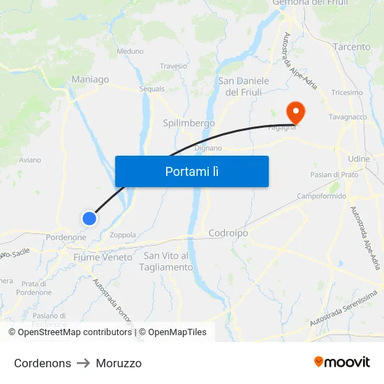 Cordenons to Moruzzo map