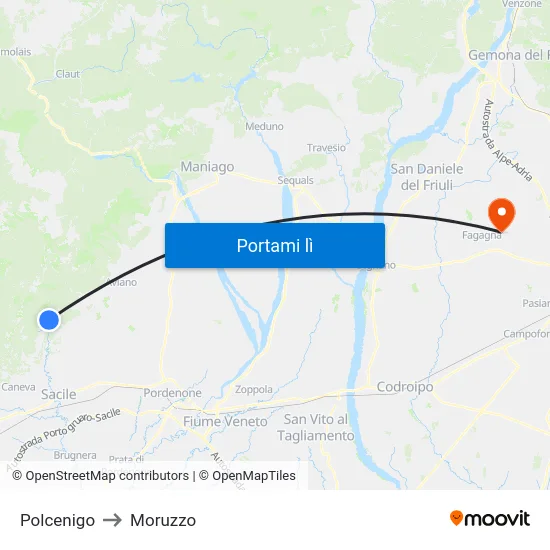Polcenigo to Moruzzo map