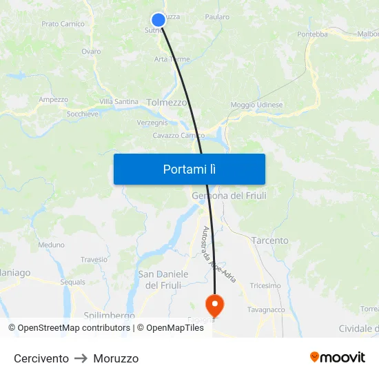 Cercivento to Moruzzo map