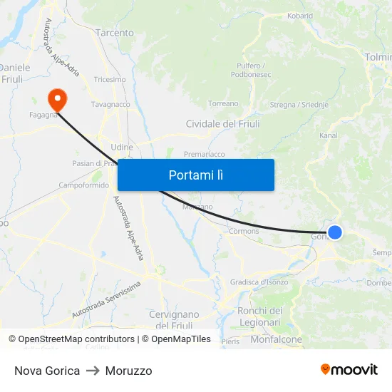 Nova Gorica to Moruzzo map