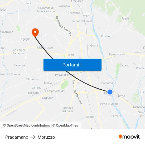 Pradamano to Moruzzo map