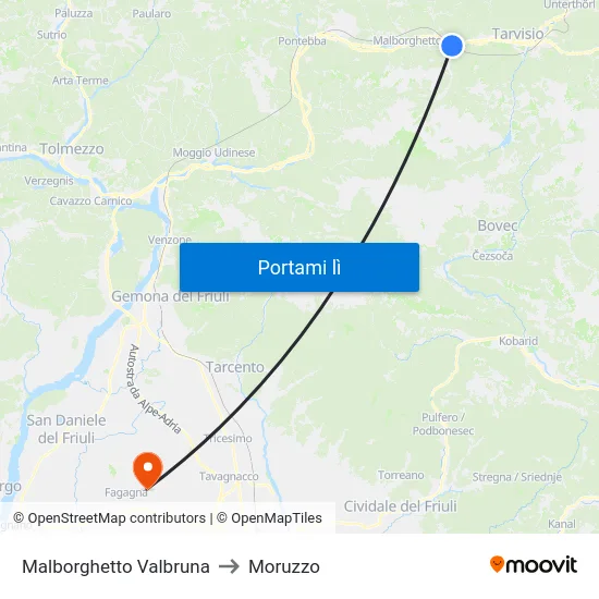 Malborghetto Valbruna to Moruzzo map