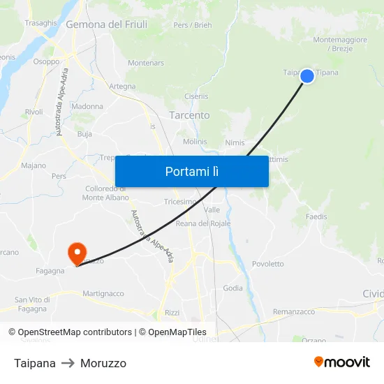 Taipana to Moruzzo map