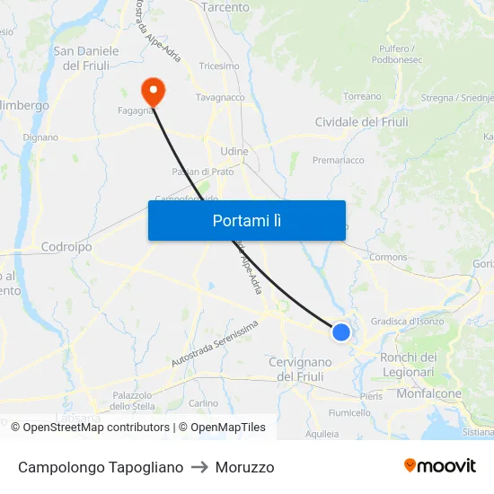Campolongo Tapogliano to Moruzzo map