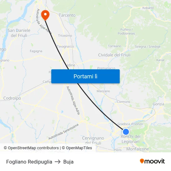 Fogliano Redipuglia to Buja map