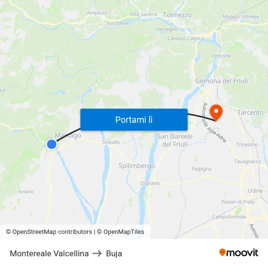 Montereale Valcellina to Buja map