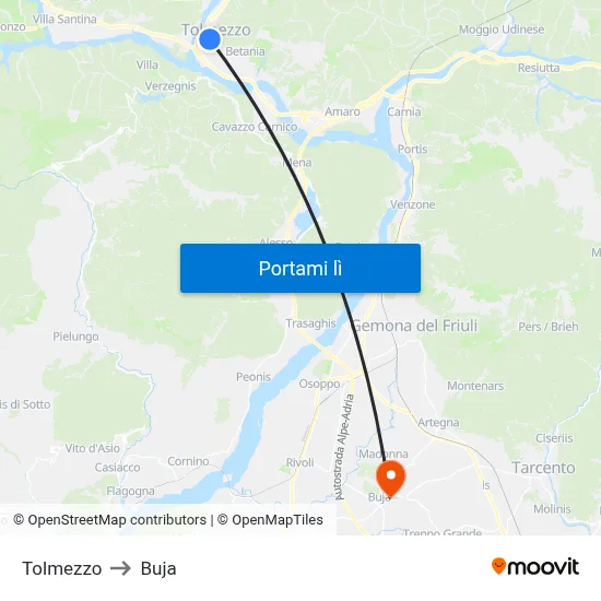 Tolmezzo to Buja map