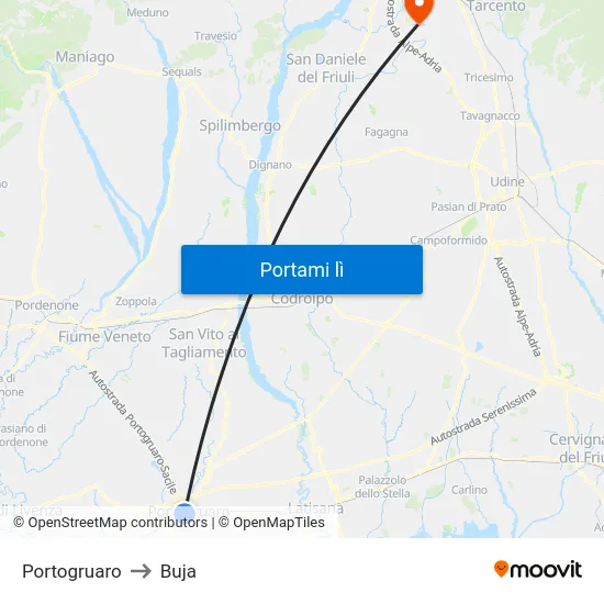 Portogruaro to Buja map