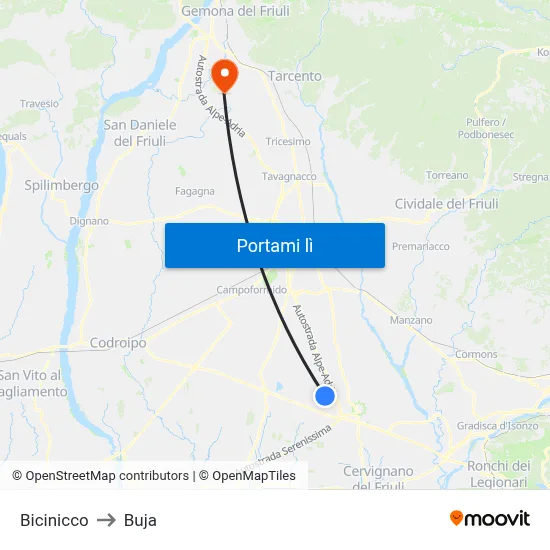 Bicinicco to Buja map