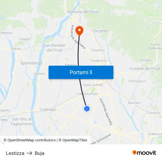 Lestizza to Buja map