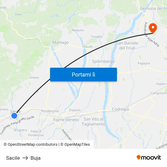 Sacile to Buja map