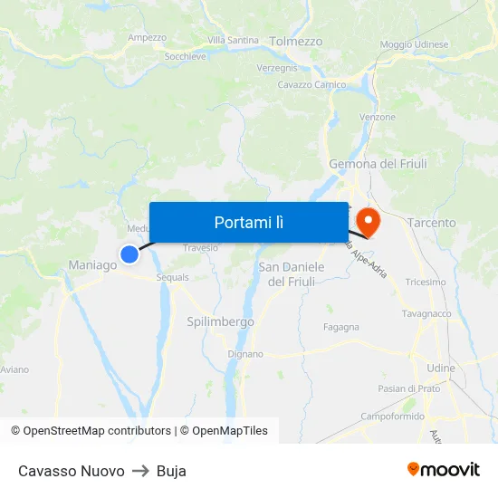 Cavasso Nuovo to Buja map