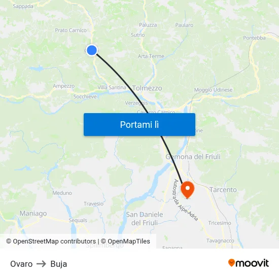 Ovaro to Buja map