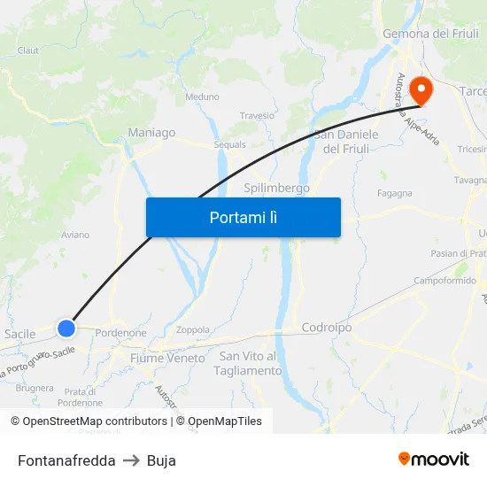 Fontanafredda to Buja map