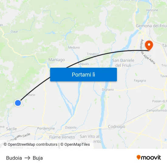 Budoia to Buja map