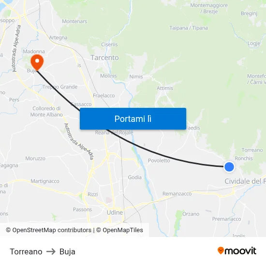 Torreano to Buja map