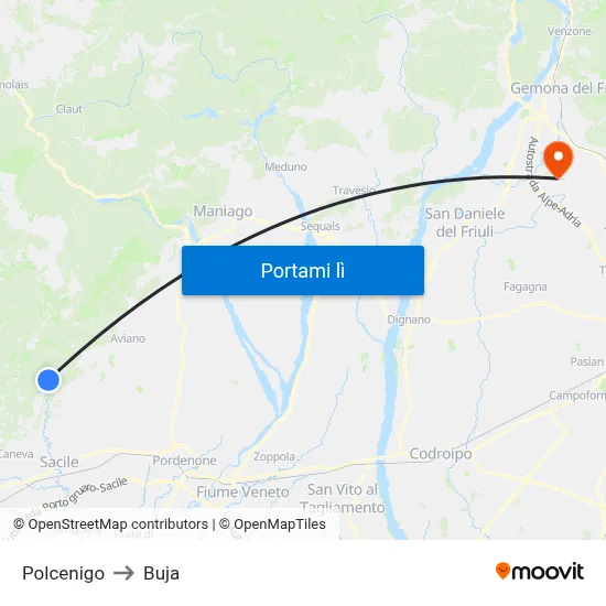 Polcenigo to Buja map