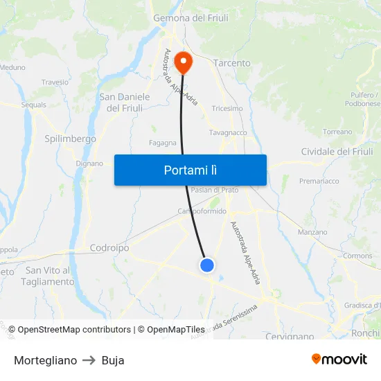 Mortegliano to Buja map